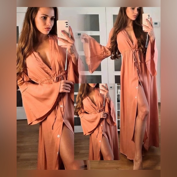 Lena Vie Coral Cotton Summer Maxi Dress Flowy Beach A Line Button Down Maxi - Picture 3 of 8